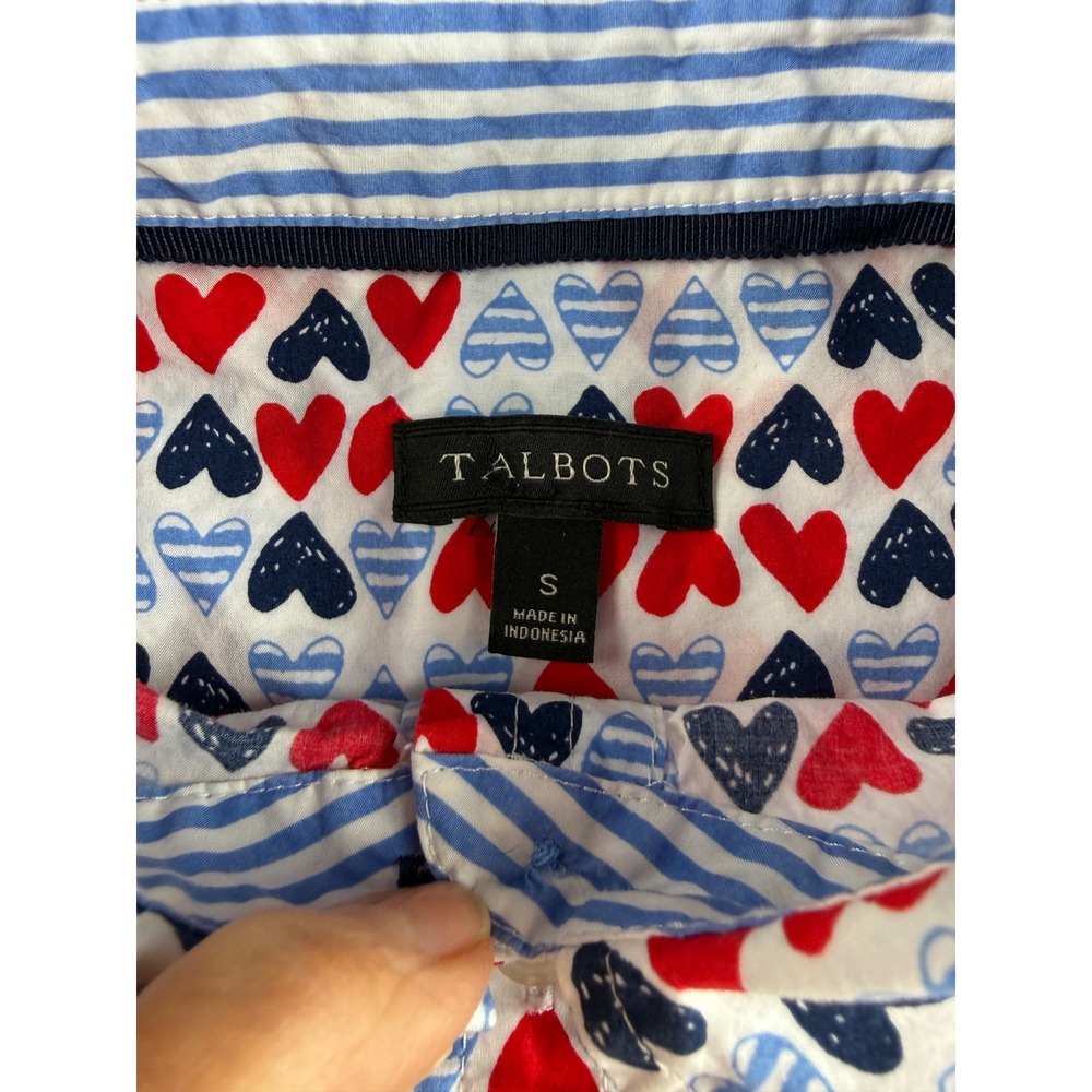 Talbots Womens Small Red Navy Blue Heart Print Cotton Button Down Shirt Blouse - Picture 5 of 9